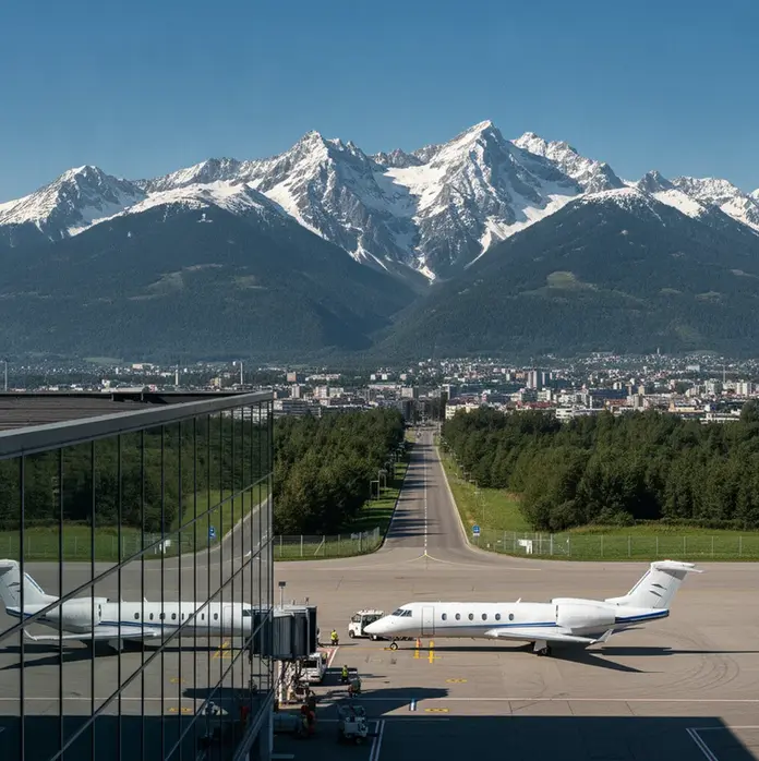 Avion privé blanc sur le tarmac de l’aéroport de Genève, montagnes enneigées en arrière-plan, ciel bleu et ambiance calme.