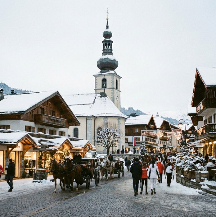 Rue enneigée animée, maisons éclairées, personnes se promènent, certains à skis. Église en arrière-plan, ambiance festive hivernale.