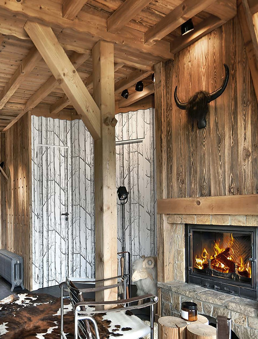 Interior design of Les Cerises Chalet & Spa, featuring a fireplace, reclaimed wood, and mountain views