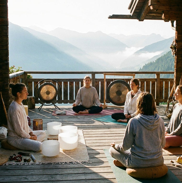 Cinq personnes méditent sur une terrasse en bois, entourées de bols chantants et gongs, face aux montagnes au lever du soleil. Atmosphère sereine.