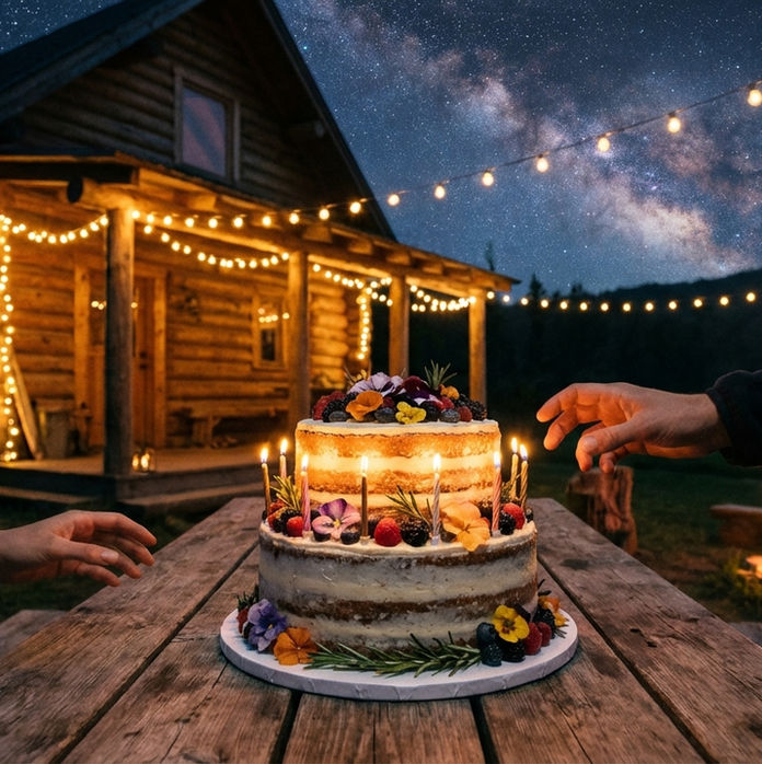 Gâteau décoré aux bougies sur une table en bois, deux mains se tendent. Cabane en rondins illuminée et ciel étoilé en arrière-plan. Ambiance paisible.