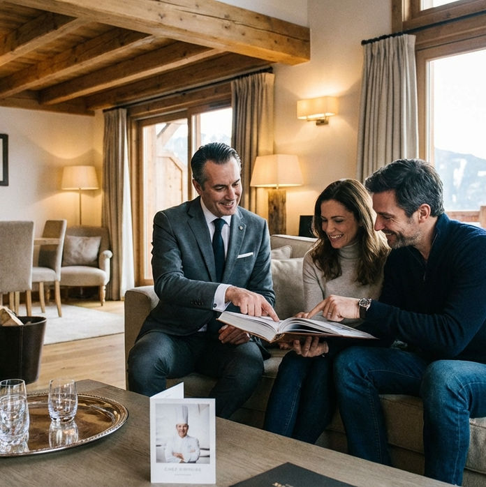 Un trio discute joyeusement d'un album sur un canapé dans un chalet élégant avec cheminée en pierre et vue montagne. Carte sur la table.
