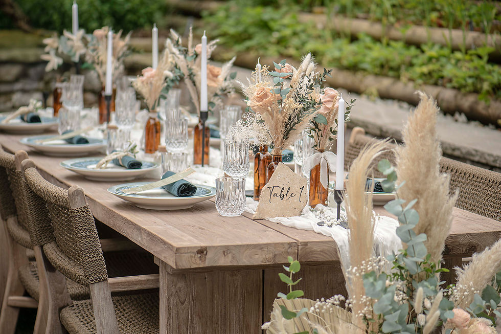 Elegant wedding table set up in the garden of a chalet