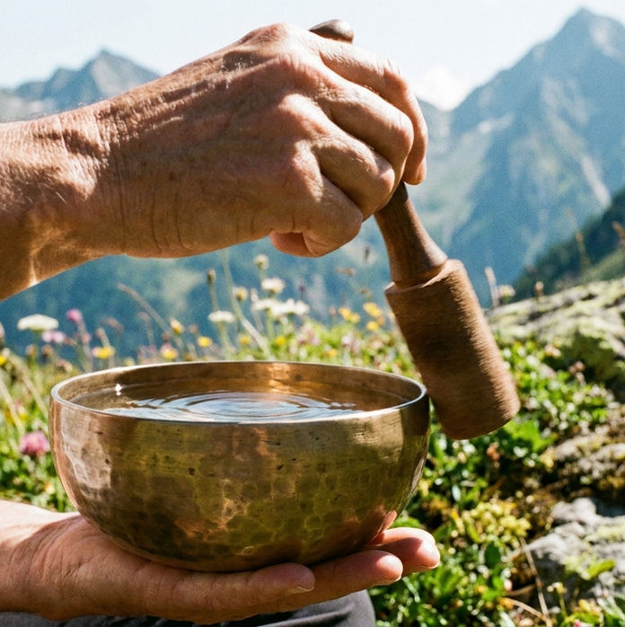 Main tenant un bol tibétain doré avec pilon, en montagne, fleurs et végétation autour, ciel bleu. Ambiance paisible et sereine.
