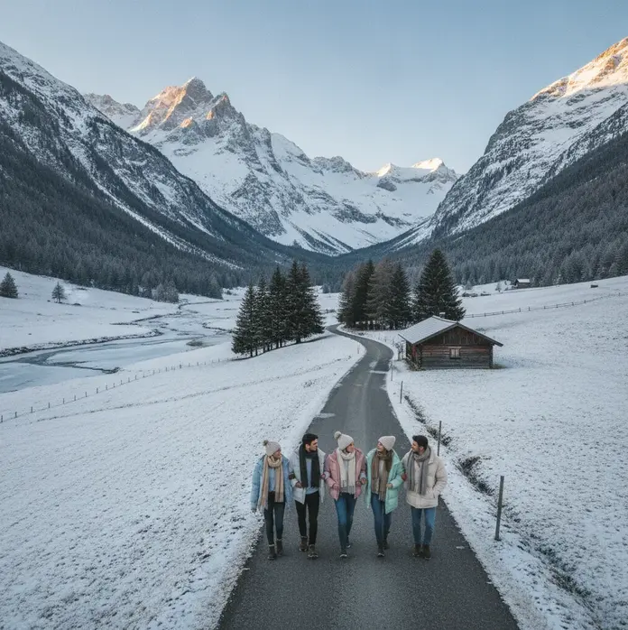 Cinq amis marchent sur une route enneigée au pied de montagnes, près d’un chalet, ambiance hivernale paisible.