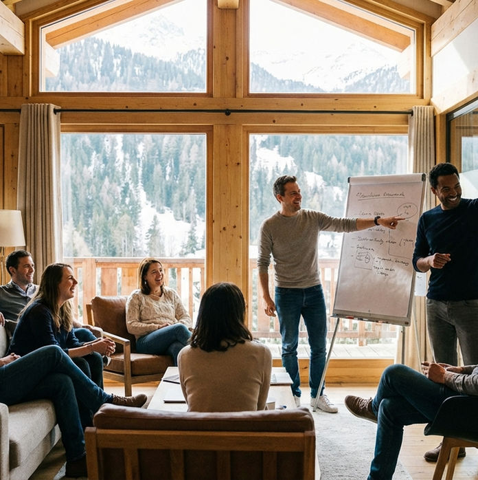 Groupe de personnes en réunion dans un chalet en bois avec vue sur montagnes. Deux hommes présentent un tableau blanc avec des notes. Ambiance studieuse.