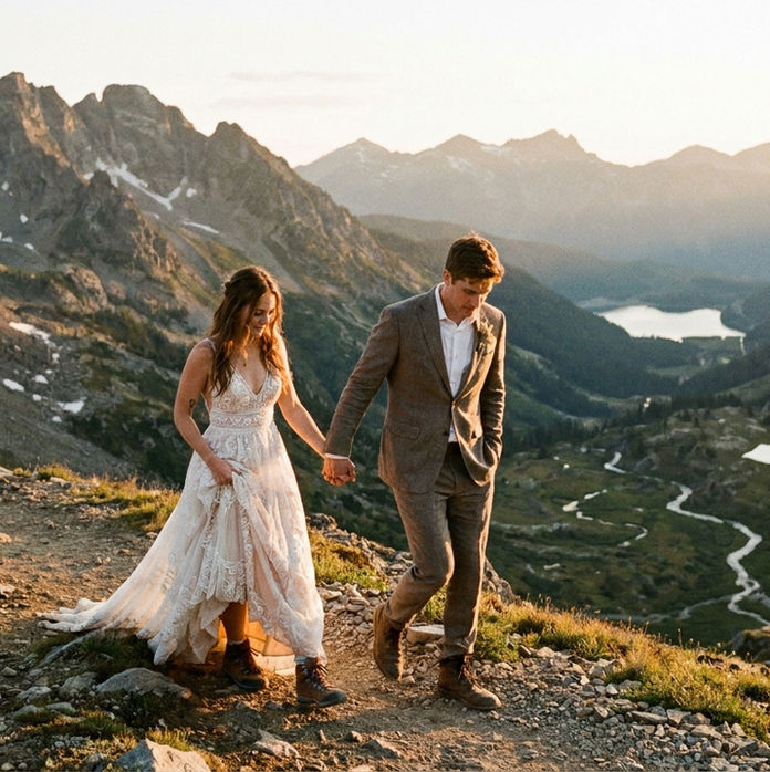 Un couple marche main dans la main sur un sentier montagneux au coucher du soleil. La mariée porte une robe blanche. Paysage alpin.