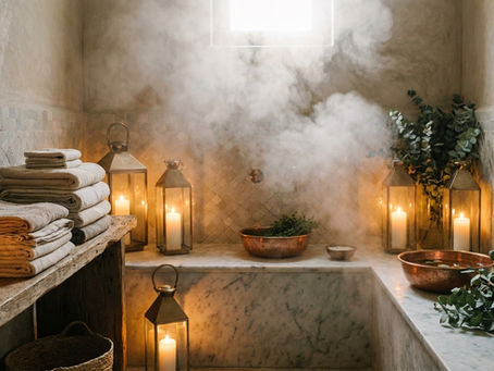 Ambiance de hammam traditionnelle avec des bougies et des branches d'eucalyptus