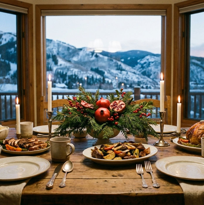 Table de fête lors d'un réveillon de Noël dans un chalet face aux montagnes