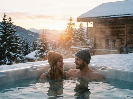 Couple à la montagne dans un jacuzzi extérieur en hiver