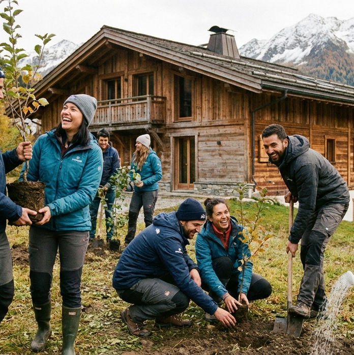 Groupe de personnes plantant des arbres en montagne, souriantes, portant des vestes bleues. Chalet en bois en arrière-plan, montagnes enneigées.