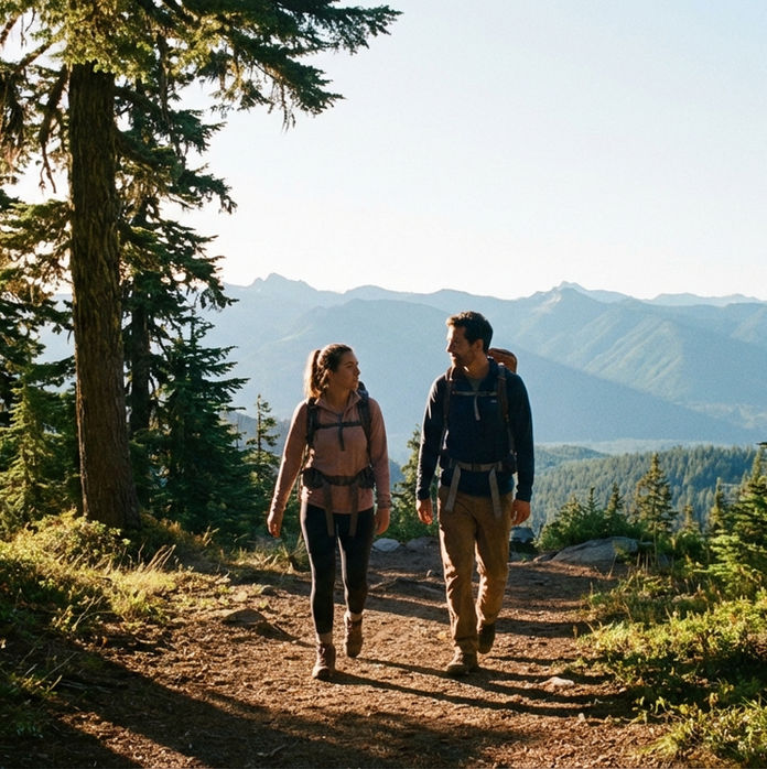 Un couple randonne en forêt, sous un ciel bleu, entouré de montagnes verdoyantes. Atmosphère de détente et paysage pittoresque.