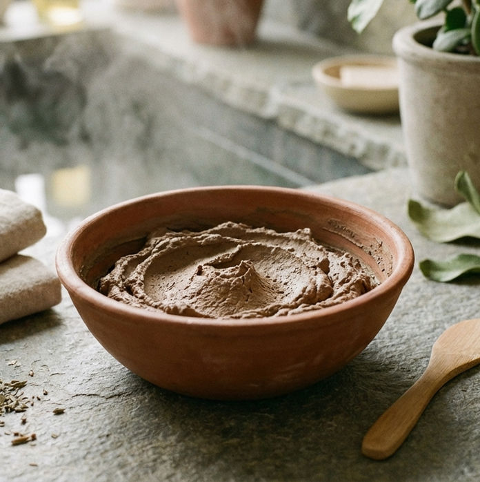 Un pot de rhassoul dans un hammam traditionnel