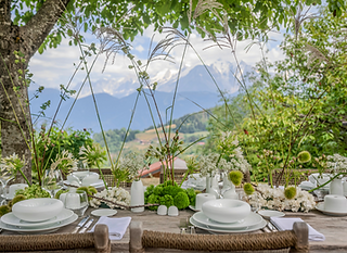 Table dressé en extérieur face au Mont-blanc sous un arbre en été.