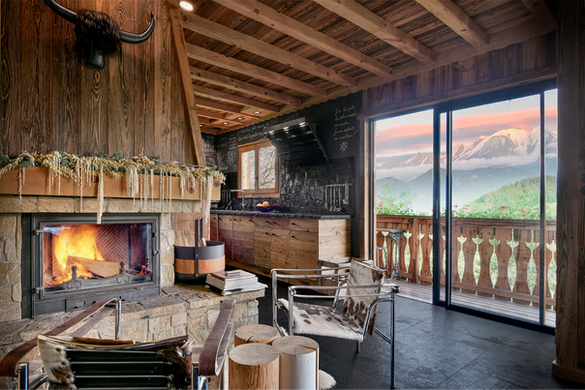 Living room of a mountain chalet with jacuzzi