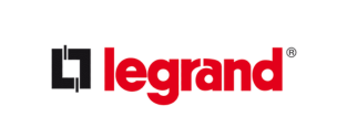 Legrand logo in red with a black square, on a black background.