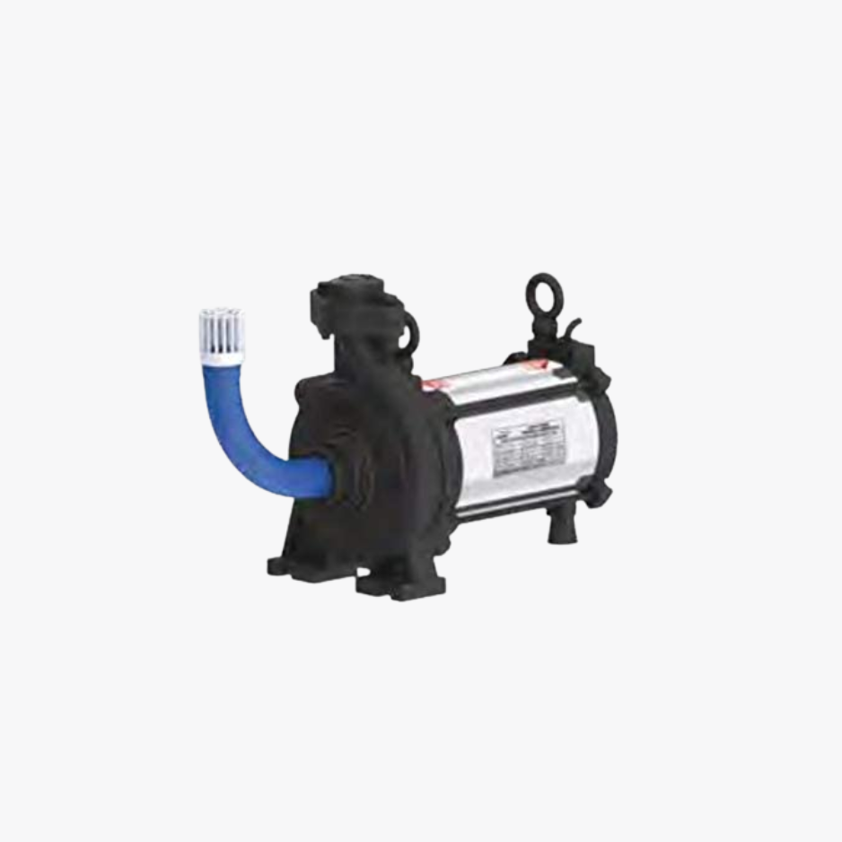 Water pump with blue hose, silver body and black motor base, BLUE OSSF90, side view.