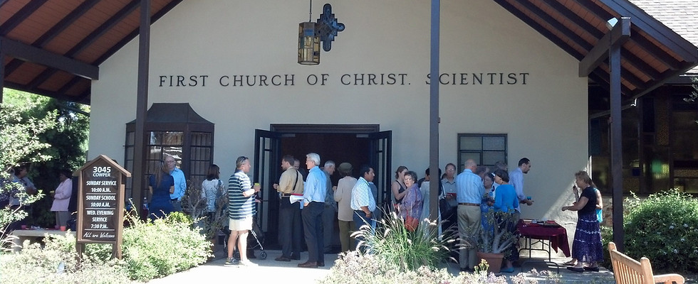 People gather outside First Church of Christ Scientist, Palo Alto, CA