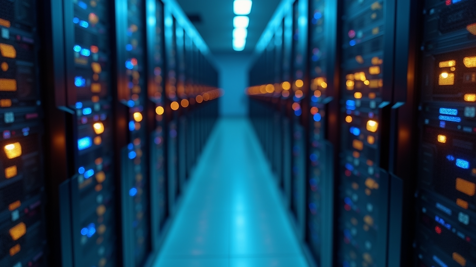 Close-up view of a server rack with blinking lights in a cloud computing facility