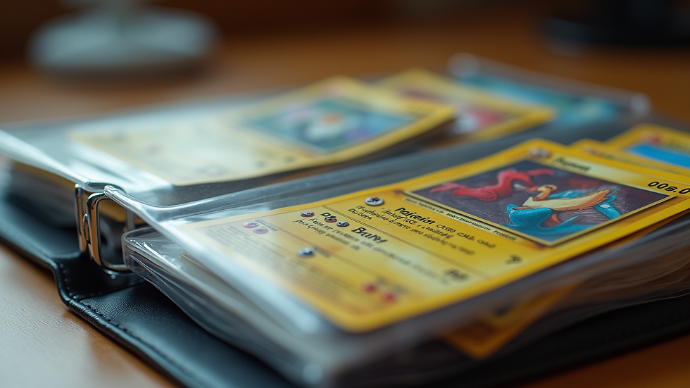 Eye-level view of a collection of Pokémon cards displayed in a binder