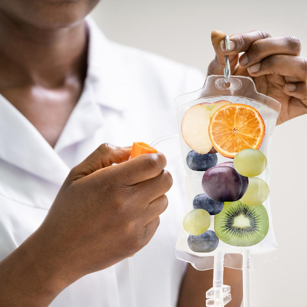 Eye-level view of IV drip with vitamin infusion solution