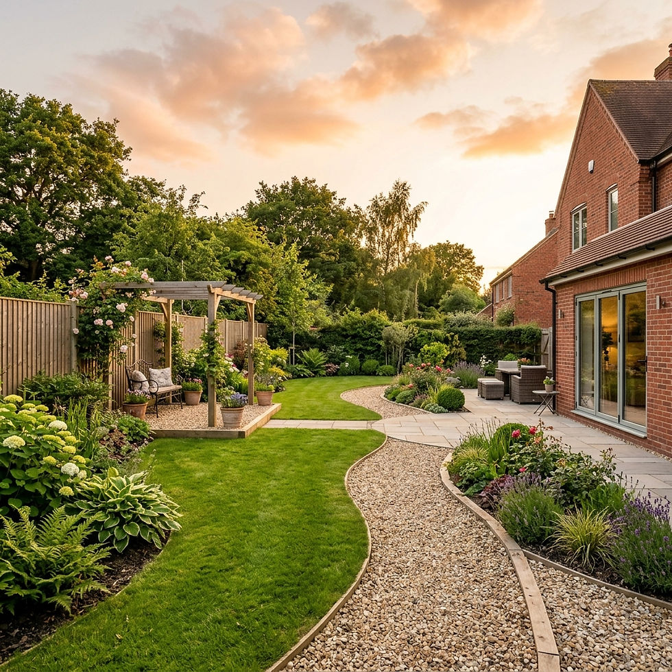 Newly renovated garden with lawn, planting and paving