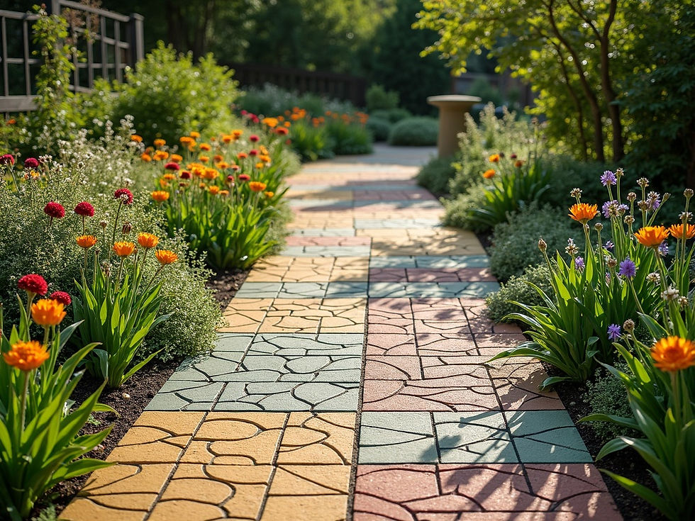 Colorful garden path with geometric pavers and vibrant flowers, showcasing emerging landscaping materials.