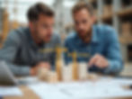 Builders discussing a scale model of a construction site on architectural plans.