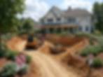 Excavation equipment in front yard of house, highlighting high-risk landscaping requiring permission.