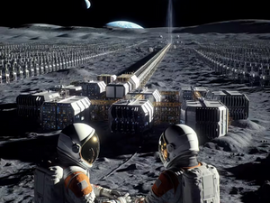 Astronauts in suits survey a futuristic lunar base with domed structures and a towering launch pad. Earth visible in the distant sky.