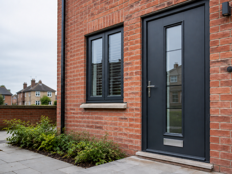 Modern UK residential doorset and closed casement window installed in a red-brick exterior wall.