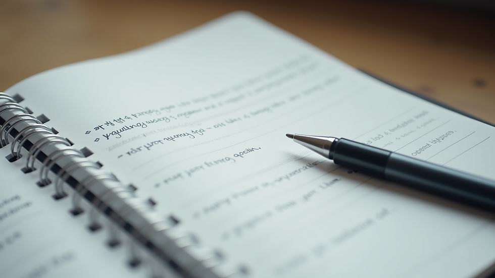 Close-up view of a notepad with organized notes and a pen