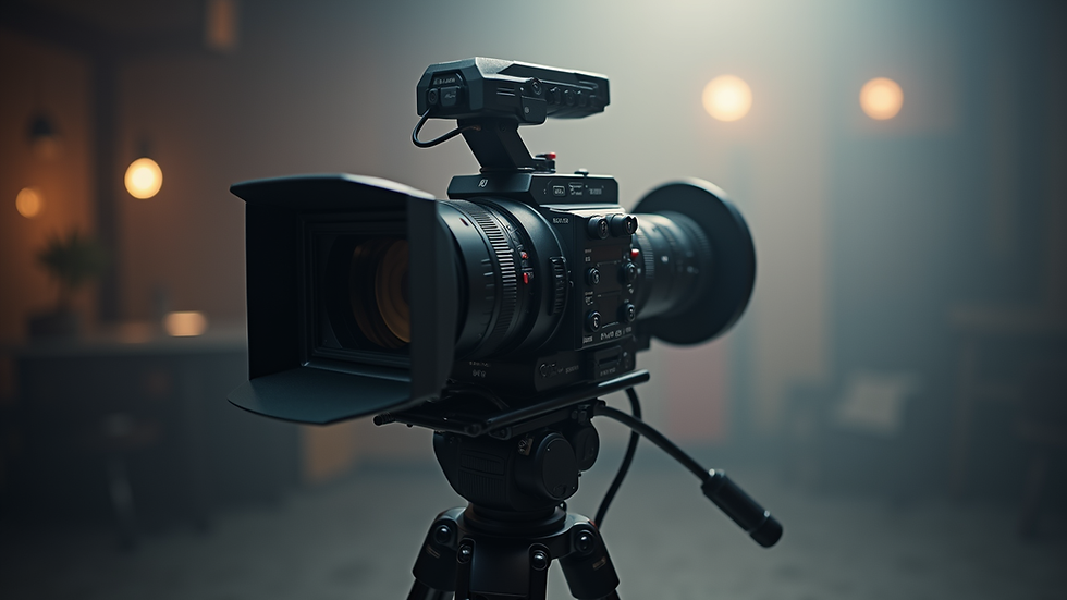 eye-level view of video camera on tripod in studio