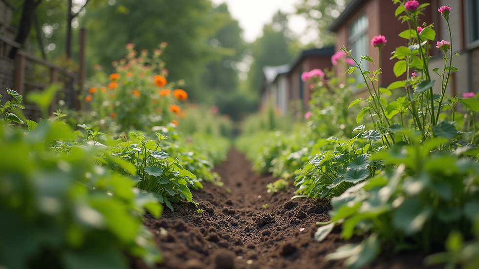 Eye-level view of a community garden with diverse plants