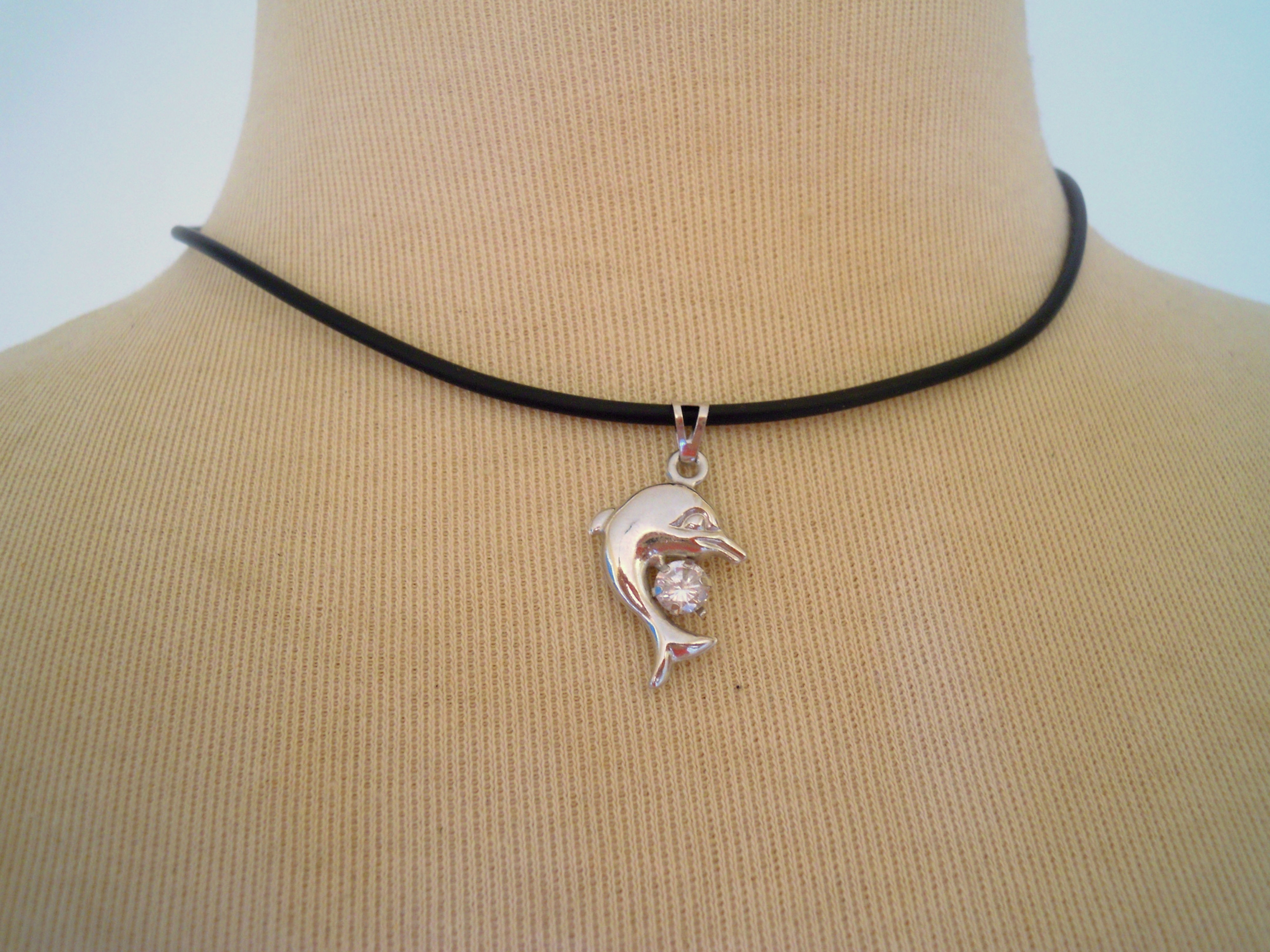Sterling Silver Dolphin Pendant with White Crystal
