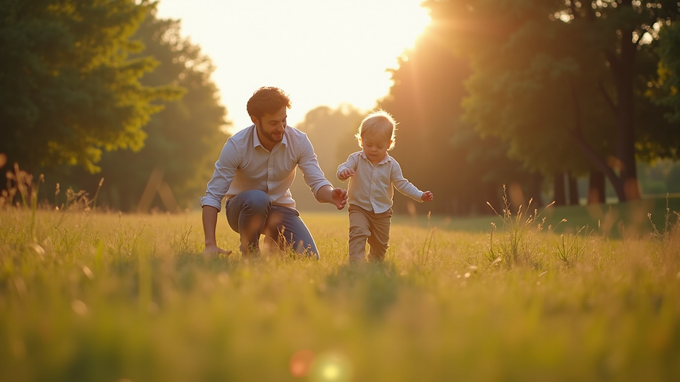 Eye-level view of a father and child playing outdoors