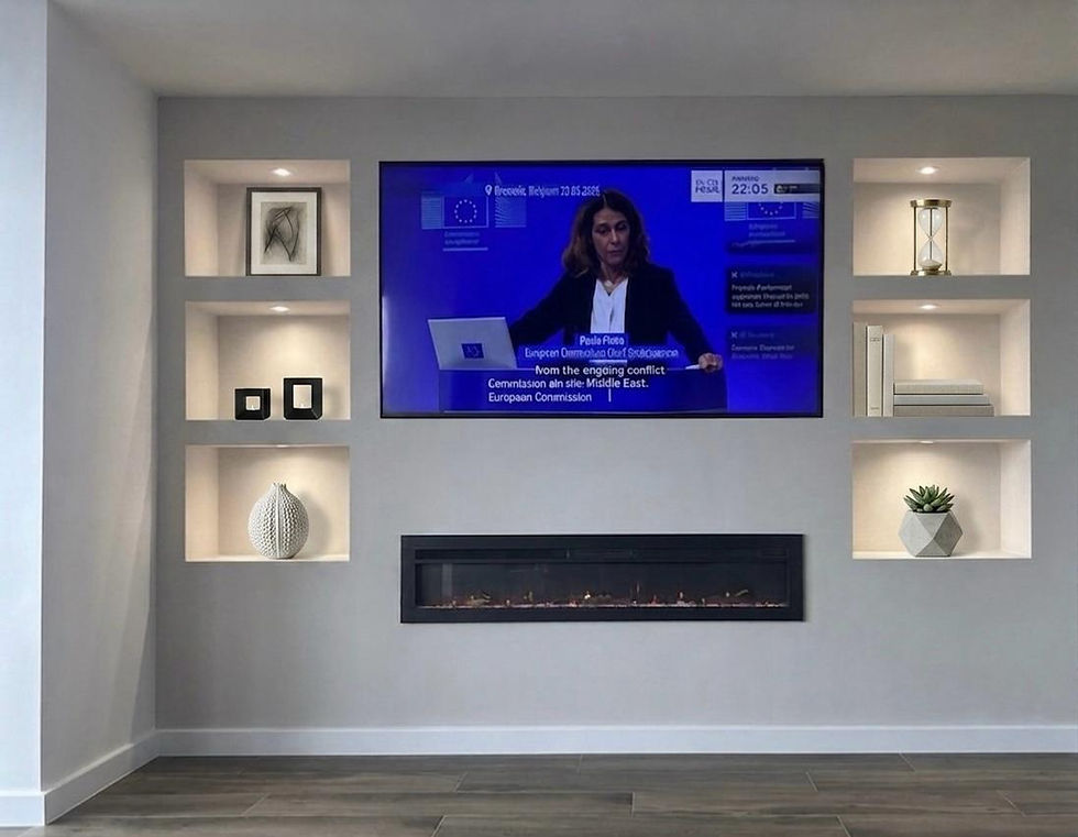Bespoke media wall with a mounted TV, built-in electric fireplace and illuminated display alcoves, professionally plastered with a smooth finish by Precision Plastering.