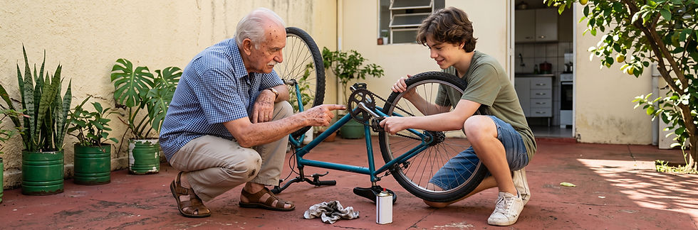 Avô e neto adolescente consertam juntos uma bicicleta de cabeça para baixo no quintal, de manhã: o vínculo com um adulto de confiança é um dos fatores que protegem o adolescente. Imagem ilustrativa gerada por IA.