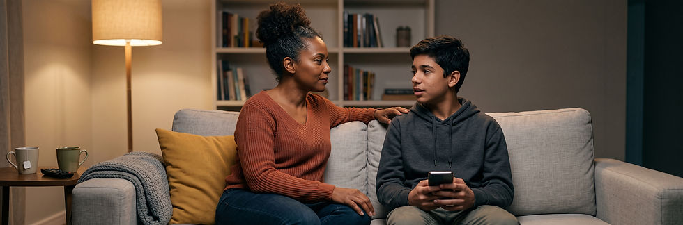 O que fazer se seu filho sofre cyberbullying: mãe sentada no sofá, virada para o filho adolescente, escuta com calma enquanto ele segura o próprio celular, sem que ela o tome dele. Imagem ilustrativa gerada por IA.