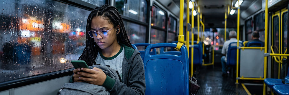 Como os conflitos globais afetam os adolescentes: adolescente sozinha no banco do ônibus ao anoitecer, com fones de ouvido e o rosto iluminado pelo celular, assistindo a vídeos de notícias um atrás do outro. Imagem ilustrativa gerada por IA.