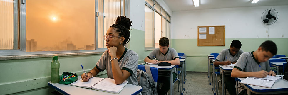 ecoansiedade-adolescente-olha-o-ceu-de-fumaca-pela-janela-da-sala-de-aula
