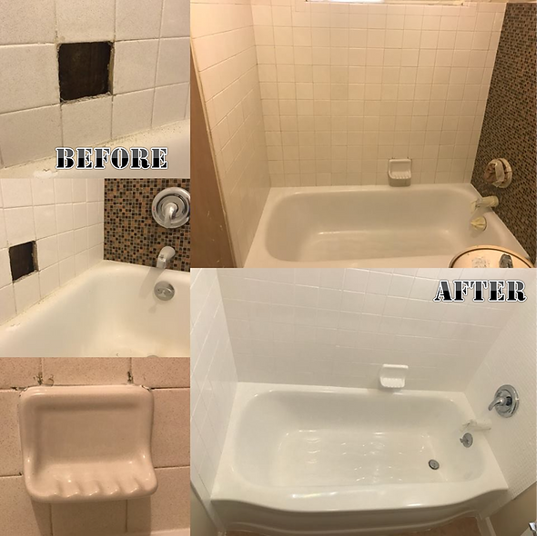 Soap dish repair and refinishing of tile bath walls and a tub