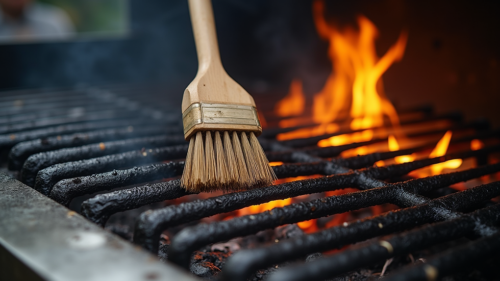 High angle view of grill grates being scrubbed with a brush