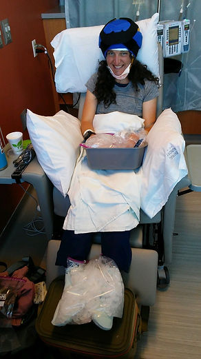 Getting chemotherapy: Cold capping to avoid going bald. Icing my hands and feed to avoid neuropathy.