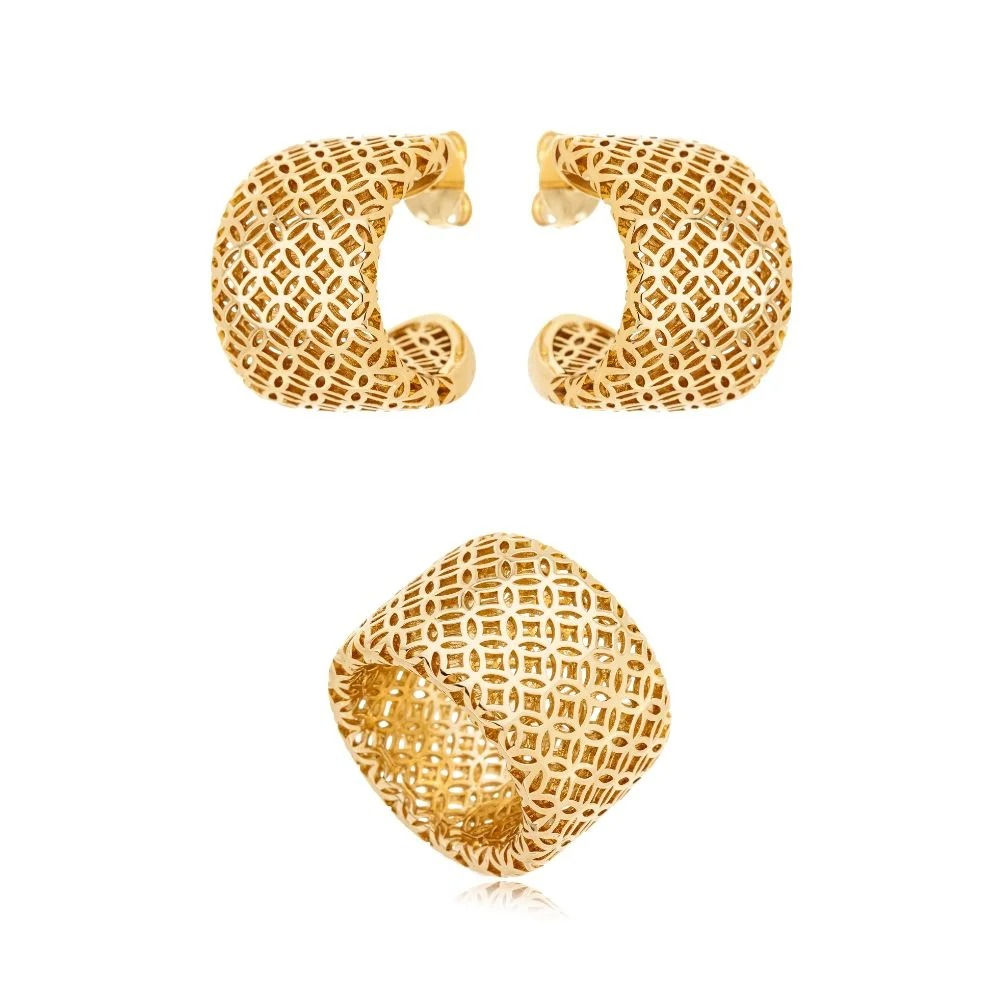 Conjunto Vita Aurea Lace Metal Anel Banho Ouro 18k