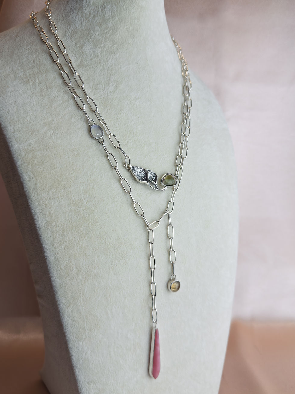 Thumbnail: Tranquility Garden Lariat Necklace - Silver, Watermelon Tourmaline and Moonstone