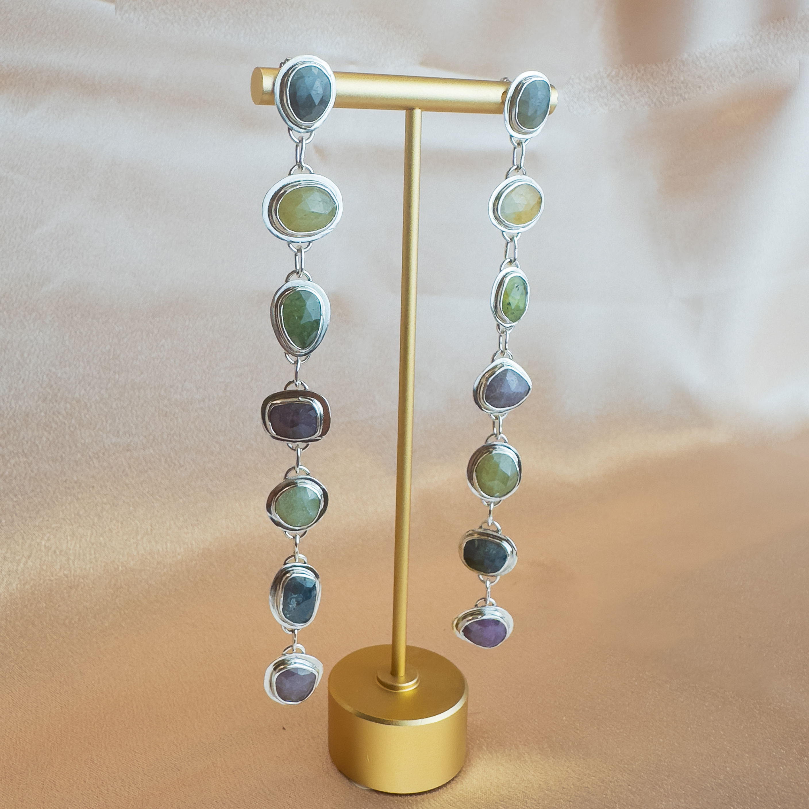 Balance Rainbow Statement Earrings - Silver and Sapphires