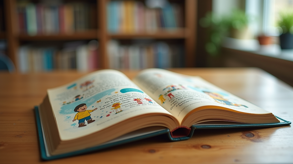 Eye-level view of a colourful children’s book open on a wooden table