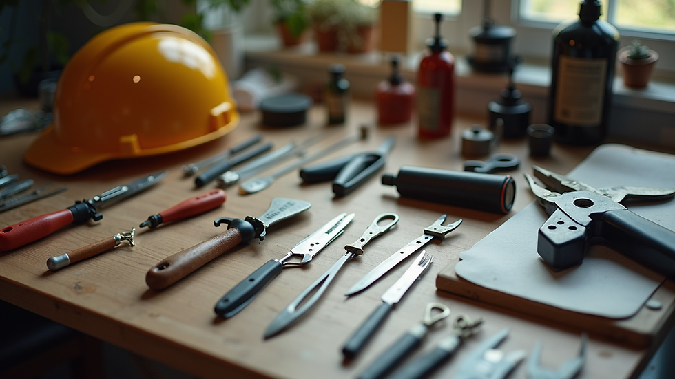 High angle view of pest control tools and equipment laid out on a table