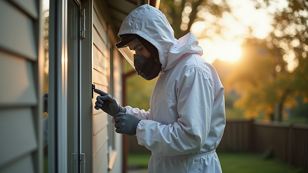 Close-up view of a pest control technician inspecting a home exterior